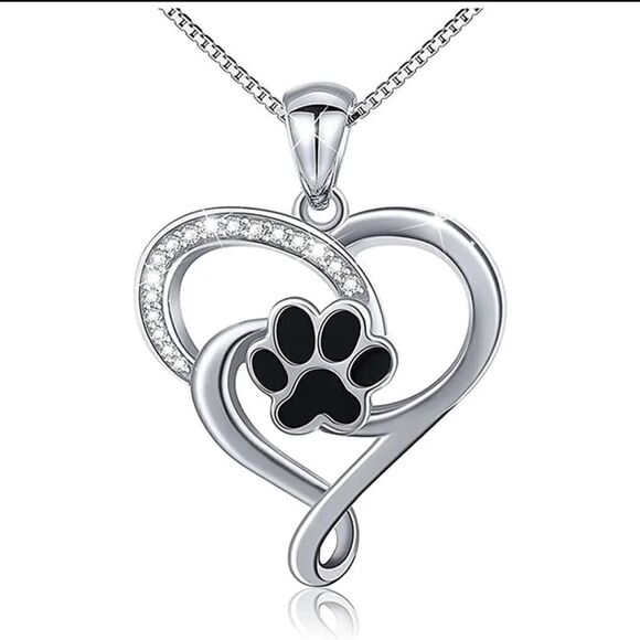 DOG HEART PAW CHARM WITH CRYSTAL ACCENTS FOR PET LOVER SILVER 925 CHAIN NECKLACE - Picture 2 of 5